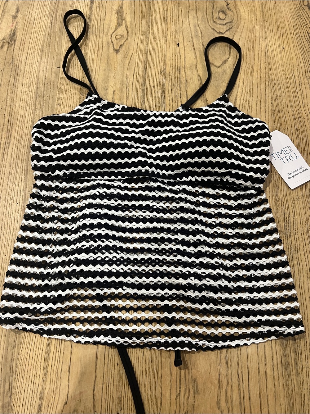 Time and Tru Tankini Apron Lace up the Back Black and White Striped Swim Cami M